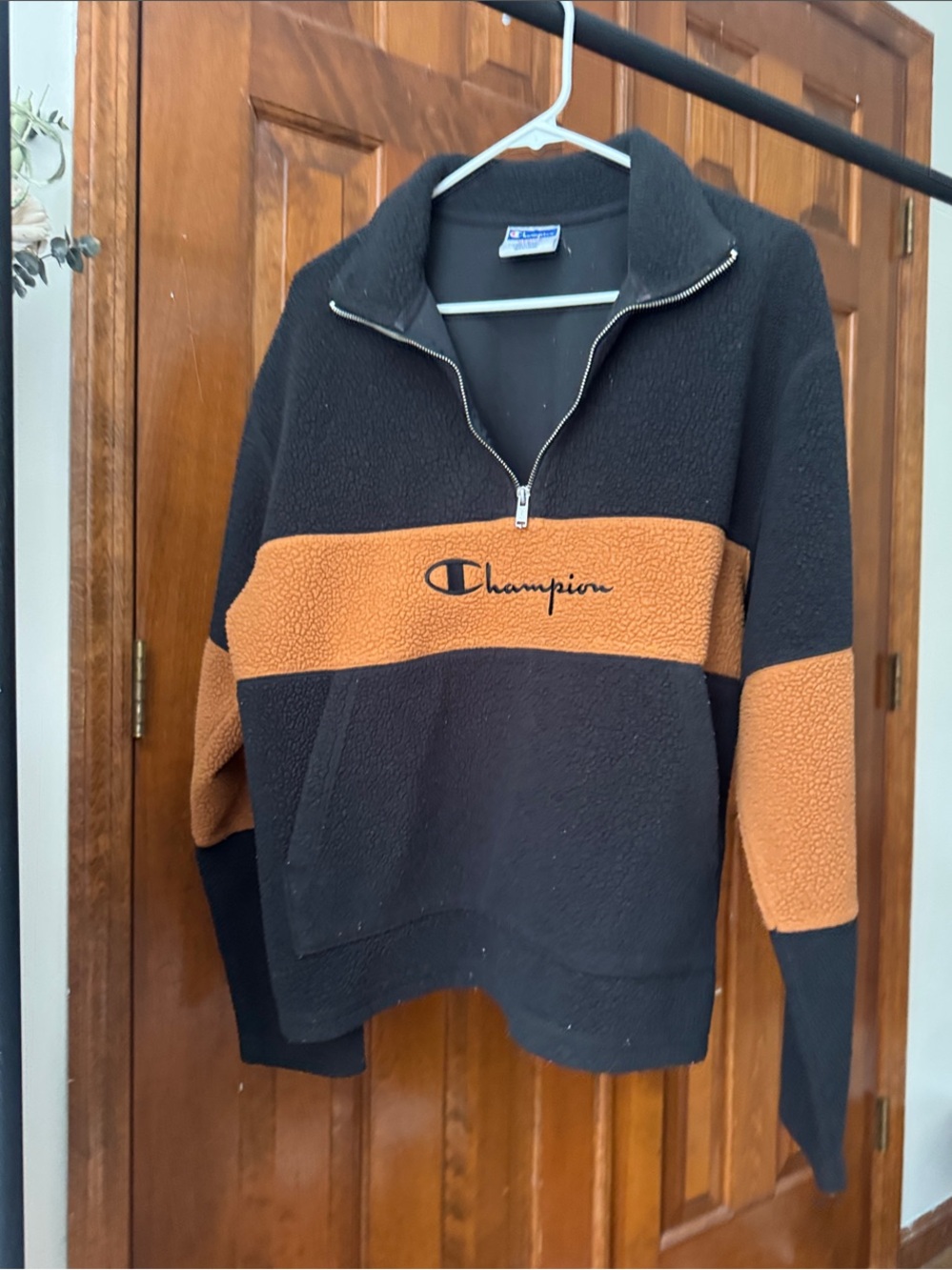 Champion Men’s Black and Rust Zip-Up Sherpa Pullover